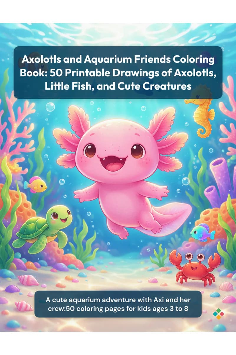 Cover of Axolotls and Aquarium Friends Coloring Book: 50 Printable Drawings of Axolotls, Little Fish, and Cute Creatures
