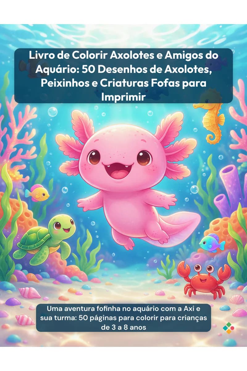 Capa do livro Livro de Colorir Axolotes e Amigos do Aquário: 50 Desenhos de Axolotes, Peixinhos e Criaturas Fofas para Imprimir