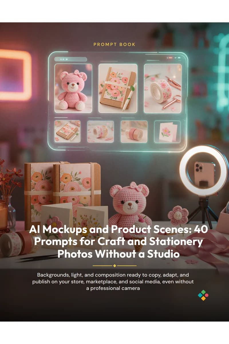 Cover of AI Product Mockups and Scenes: 40 Prompts for Handmade Craft and Stationery Photos Without a Studio
