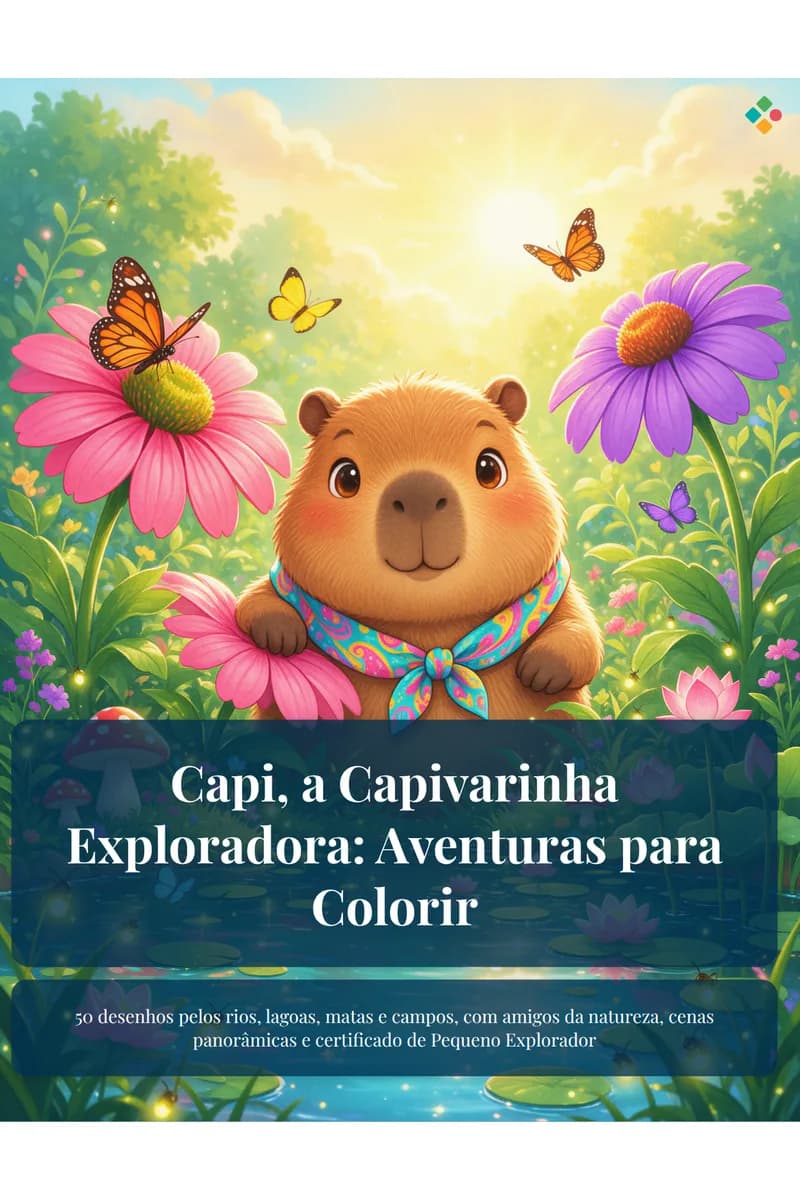 Uma divertida aventura de colorir pelo mundo das capivaras! A criança acompanha 