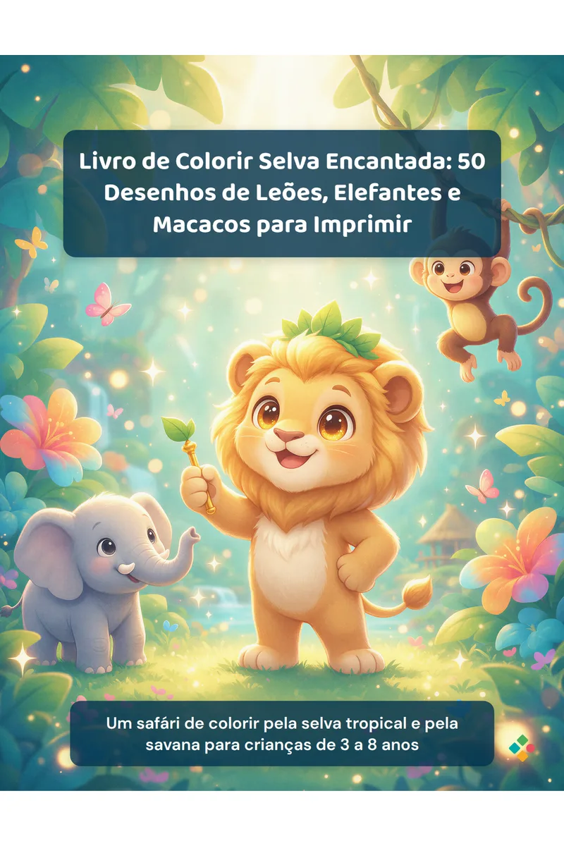 Livro de Colorir Selva Encantada: 50 Desenhos de Leões, Elefantes e Macacos para Imprimir
